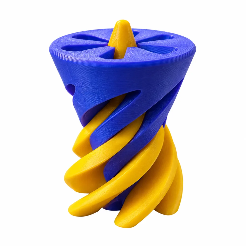 A blue and yellow 3D printed twist spinner